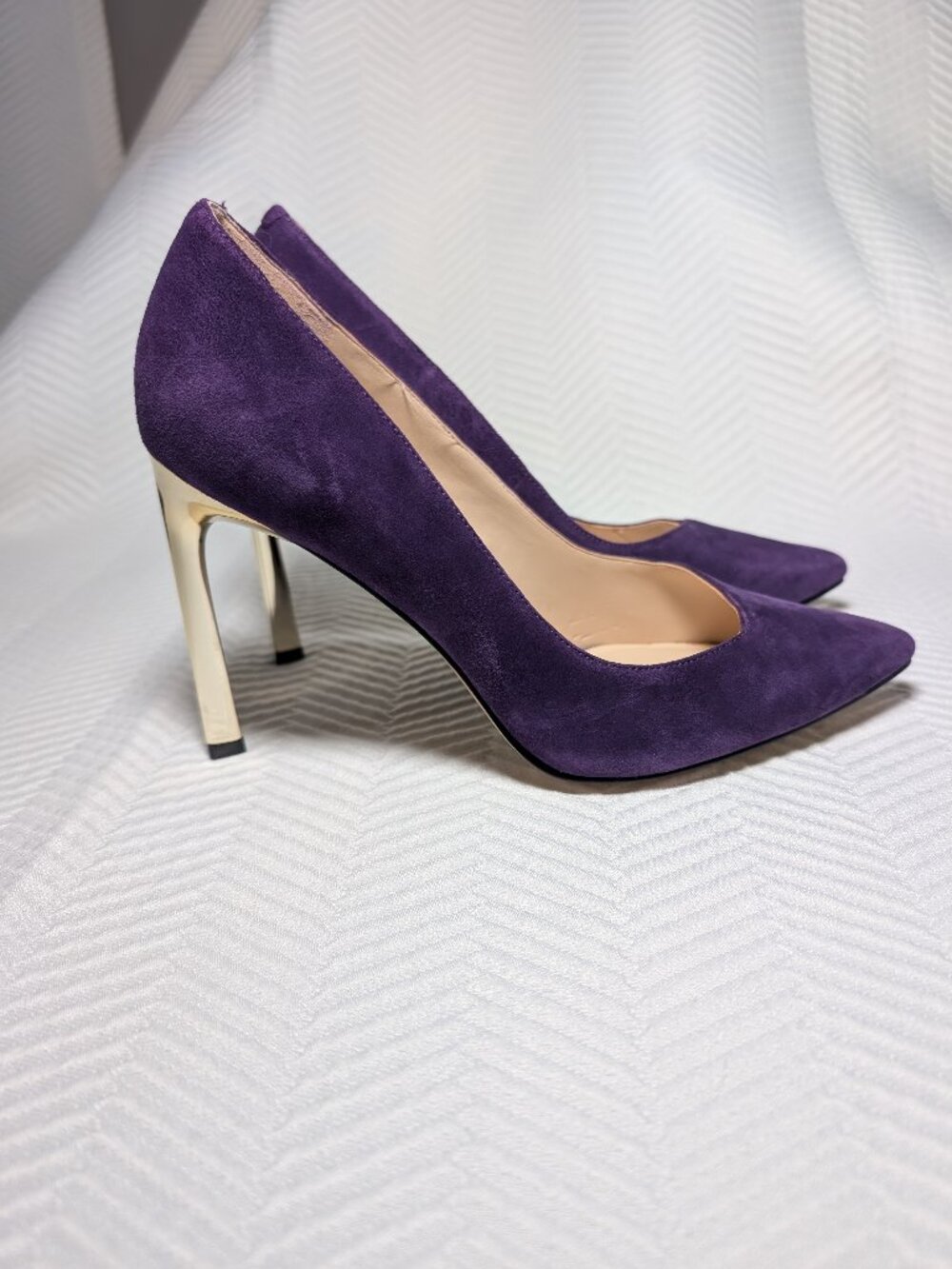Nine West Purple Suede Stiletto Pumps with Gold Heels Kaylee Pointy Toe Size 7.5